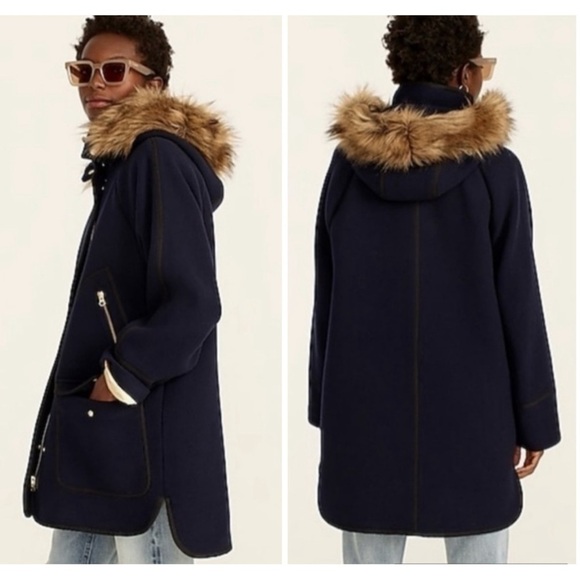 J. Crew Summit Parka Coat Italian Stadium Cloth Wool in Navy Gold Trim size 0 - Picture 2 of 14